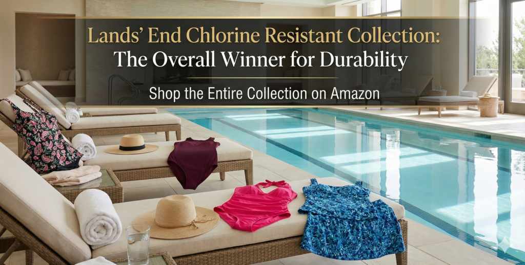 Swimwear displayed by a pool